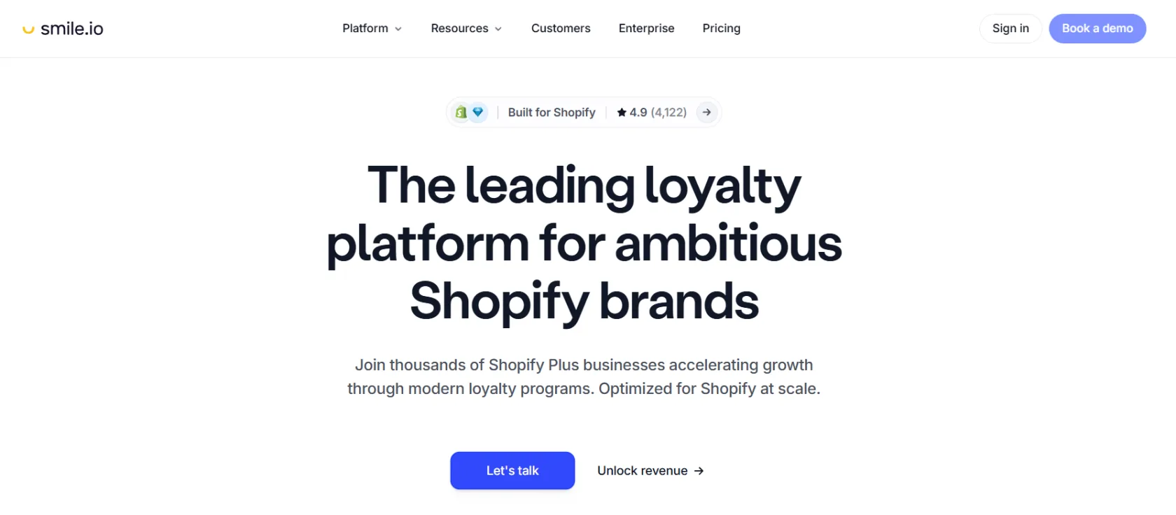 Smile.io homepage: The leading loyalty platform for ambitious Shopify brands