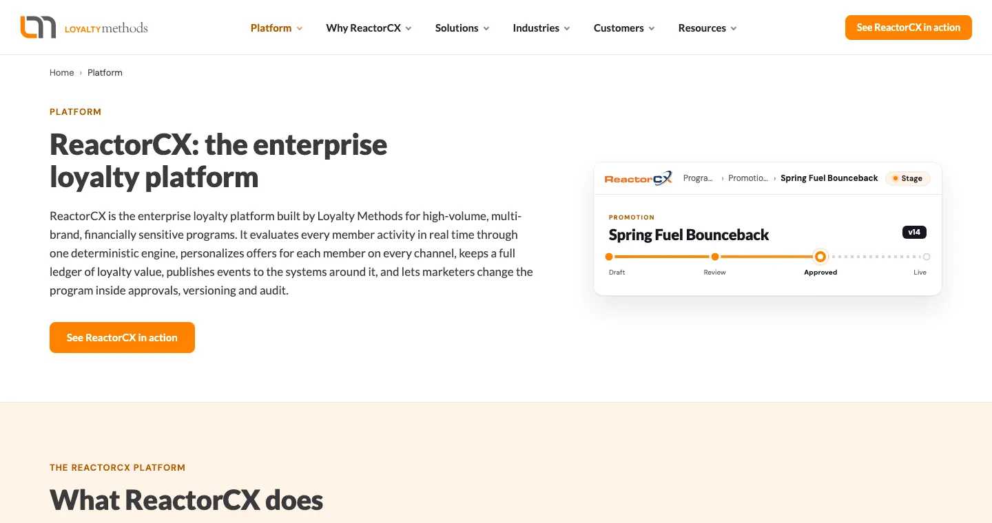 ReactorCX platform page: the enterprise loyalty platform