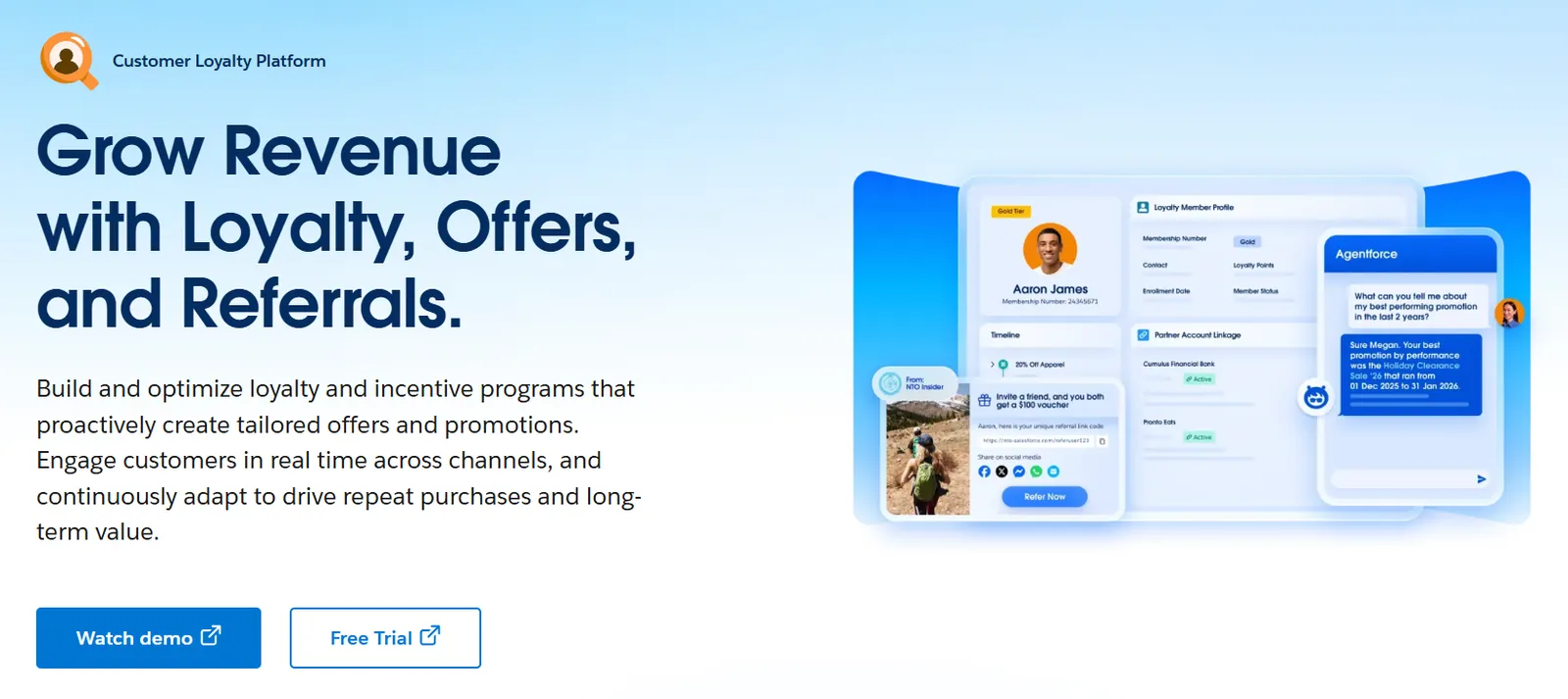 Salesforce Loyalty Management page: grow revenue with loyalty, offers, and referrals