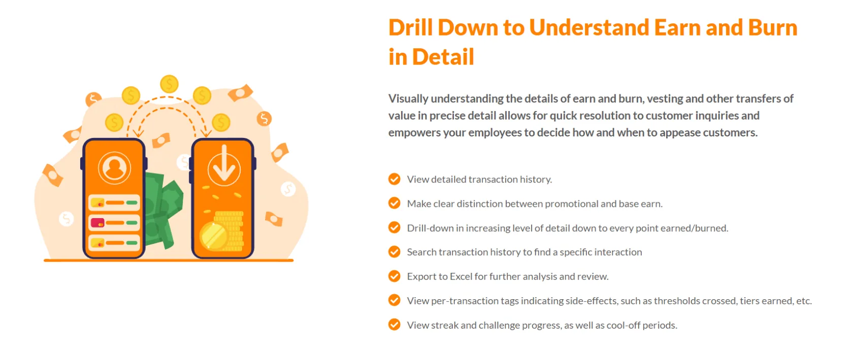Drill Down to Understand Earn and Burn in Detail ‚Äî ReactorCX transaction history view with per-transaction tags and export to Excel